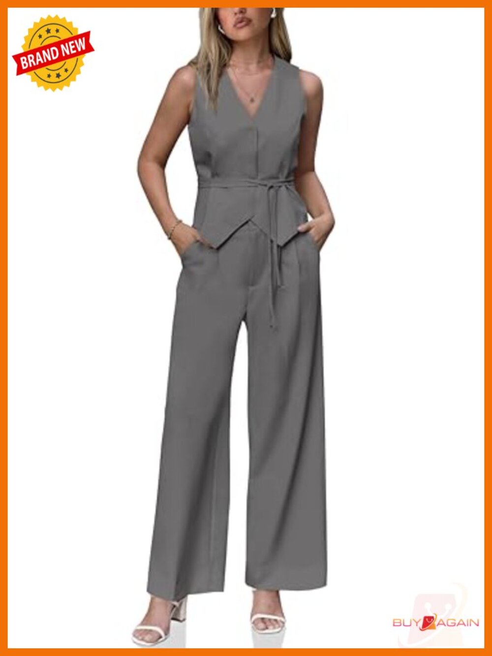 V Neck Sleeveless Tie Waist Blazer Vest Pleated Wide Leg Pantsuit Set